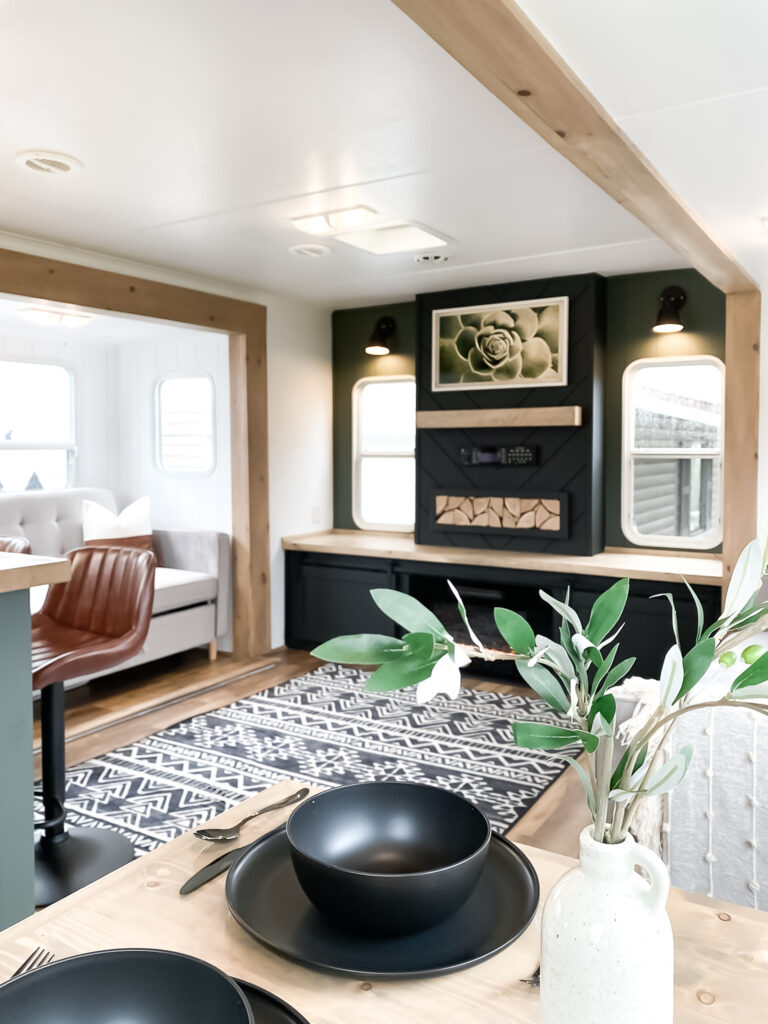 Interior view of a modern, renovated travel trailer