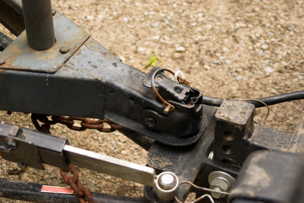 A close-up view of a trailer hitch.