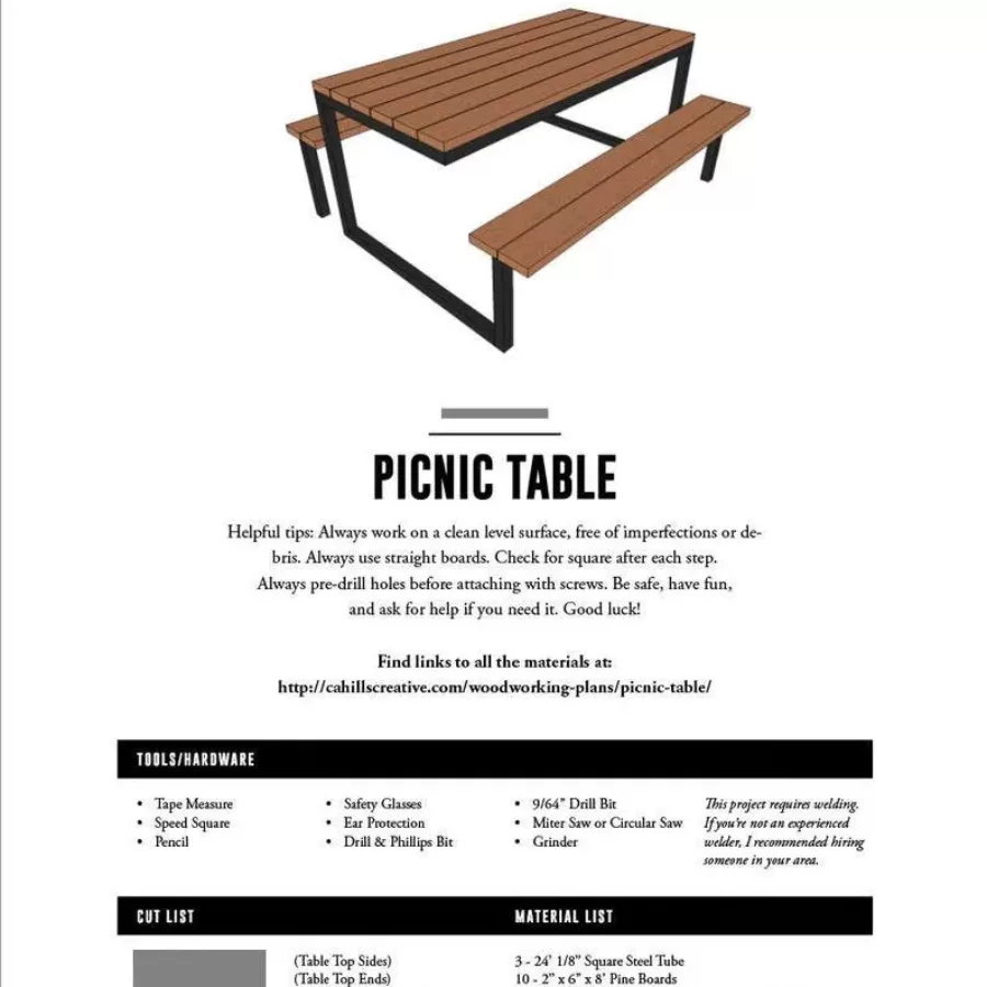 First page of DIY plans for picnic table